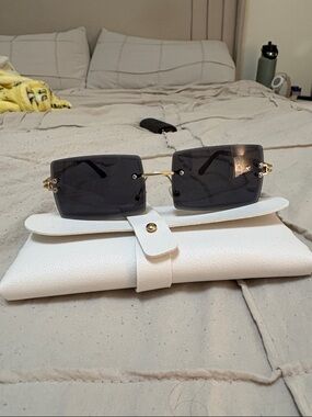 Rimless Dark Gray Lens Sunglasses with Gold Accents